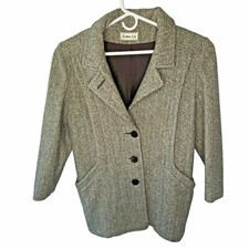 Herman Kay Coat Wool Blend Womens Lined Vintage Gray Button Herringbone USA