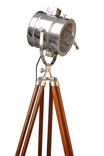 Lámpara de pie cromada con trípode de madera hecho a mano reflector náutico p... - Imagen 2 de 3