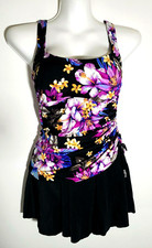 Rose Marie Reid Swimsuit One Pc Medium Swim Dress Black Purple Tropical Floral M
