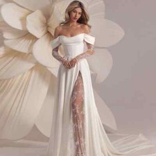 Wedding Dresses Long Sheer Lace Sleeve Strapless A Line High Split Ruffles