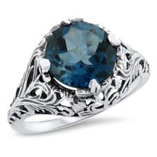 GENUINE LONDON BLUE TOPAZ 925 STERLING VICTORIAN STYLE FILIGREE RING    734X