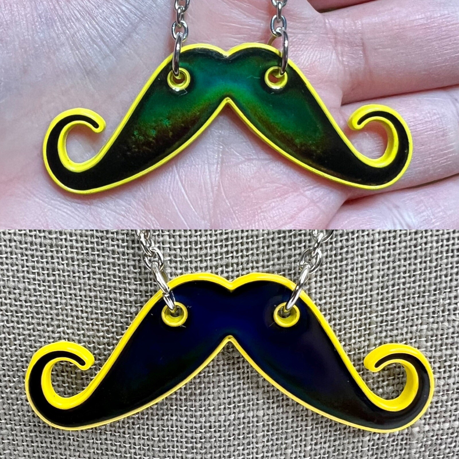 Color Mood Changing Handlebar Curly Mustache Silver Tone Chain Necklace Novelty