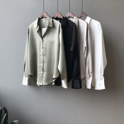 Damen Kunstseide Hemd Satin Koreanische Oberteile Knopfleiste Bluse Vintage T-Shirt