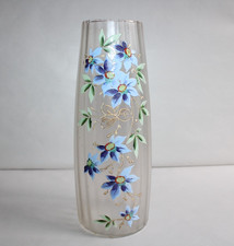 Ancien vase en verre émaillé, Art Déco, fleurs bleu, hauteur 25.3 cm