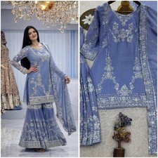 Latest Pure German Chinon Blue Top Palazzo With Dupatta For Women Party Wear