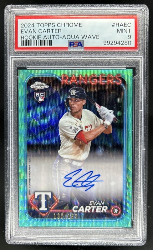 2024 Topps Chrome Evan Carter Rookie Auto RC Aqua Wave Refractor #/199 PSA 9