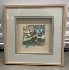 Seashell Ocean Framed Mixed Media Fiber Art Paper Fusion Collage 17”x 17” Signed