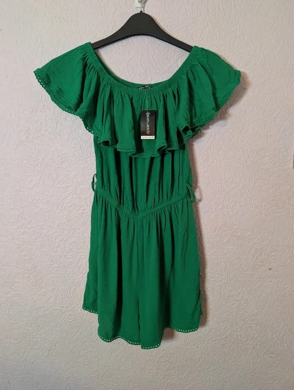 Select Green Off Shoulder Frill Playsuit UK 10 Boho Summer Romper