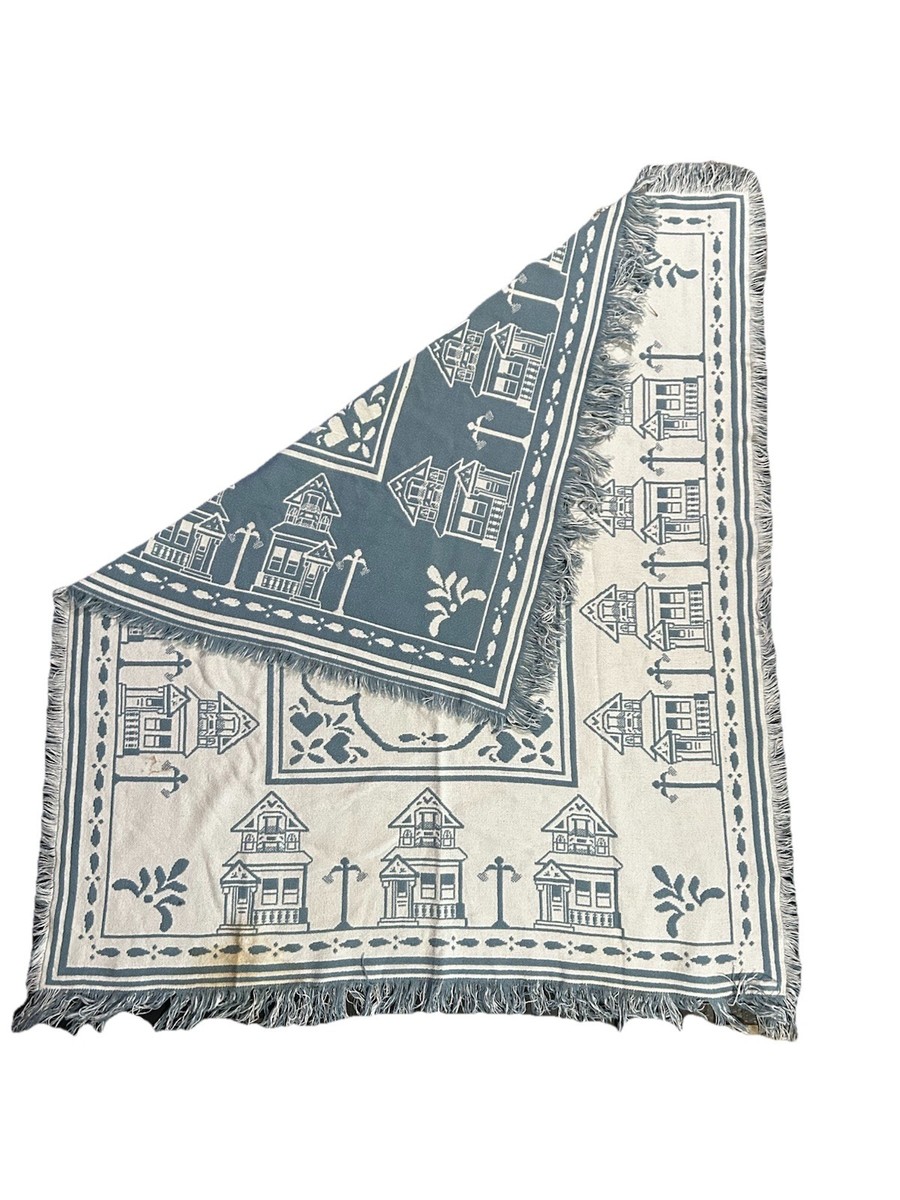 Vintage 80s/90s Woven Reversible White/Blue Throw Blanket House
