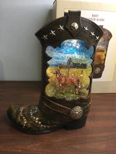 Cracker Barrel Cowboy Boot Snow Globe Iluminated Glitter Horse Farmhouse NEW
