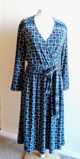 Talbots Sz 6 Blue Brown Geo Print Knit Jersey Faux Wrap Dress