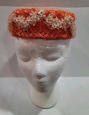 Vintage Womens Pill box Hat Straw Orange with Mesh Net W/ Flowers 1950's