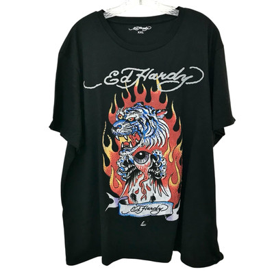 ED HARDY Rhinestone Fire Flames Tiger Black T-Shirt Men Size 2XL Rhinestones NEW