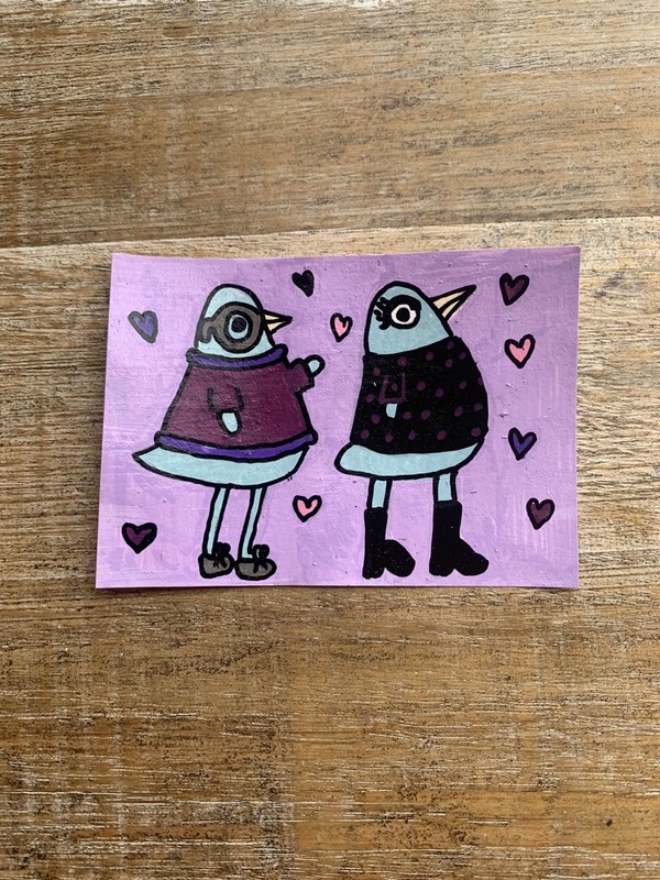 Original ACEO Acrylic Mini Painting 2.5x3.5 Love Birds Pigeons Doves