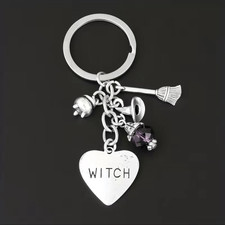 Witch, Keychain with cauldron broom, witch hat, purple beaded, glass, crystal