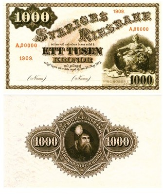 u Reproduction Note Sweden 1000 Kronor 1909 Pick #31  4861R