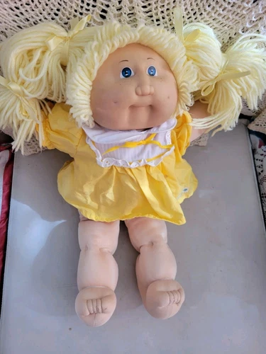 Vintage 1984 Cabbage Patch White Girl Doll Lemon Hair W Freckles. Dress
