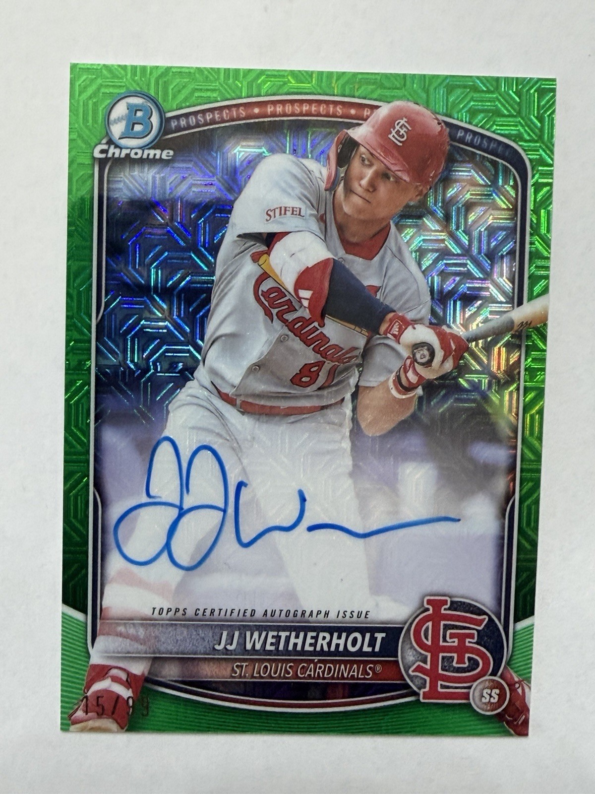 🔥2025 Bowman Chrome JJ Wetherholt Green Mojo  Auto #d /99 SP #BMA-JW Cardinals