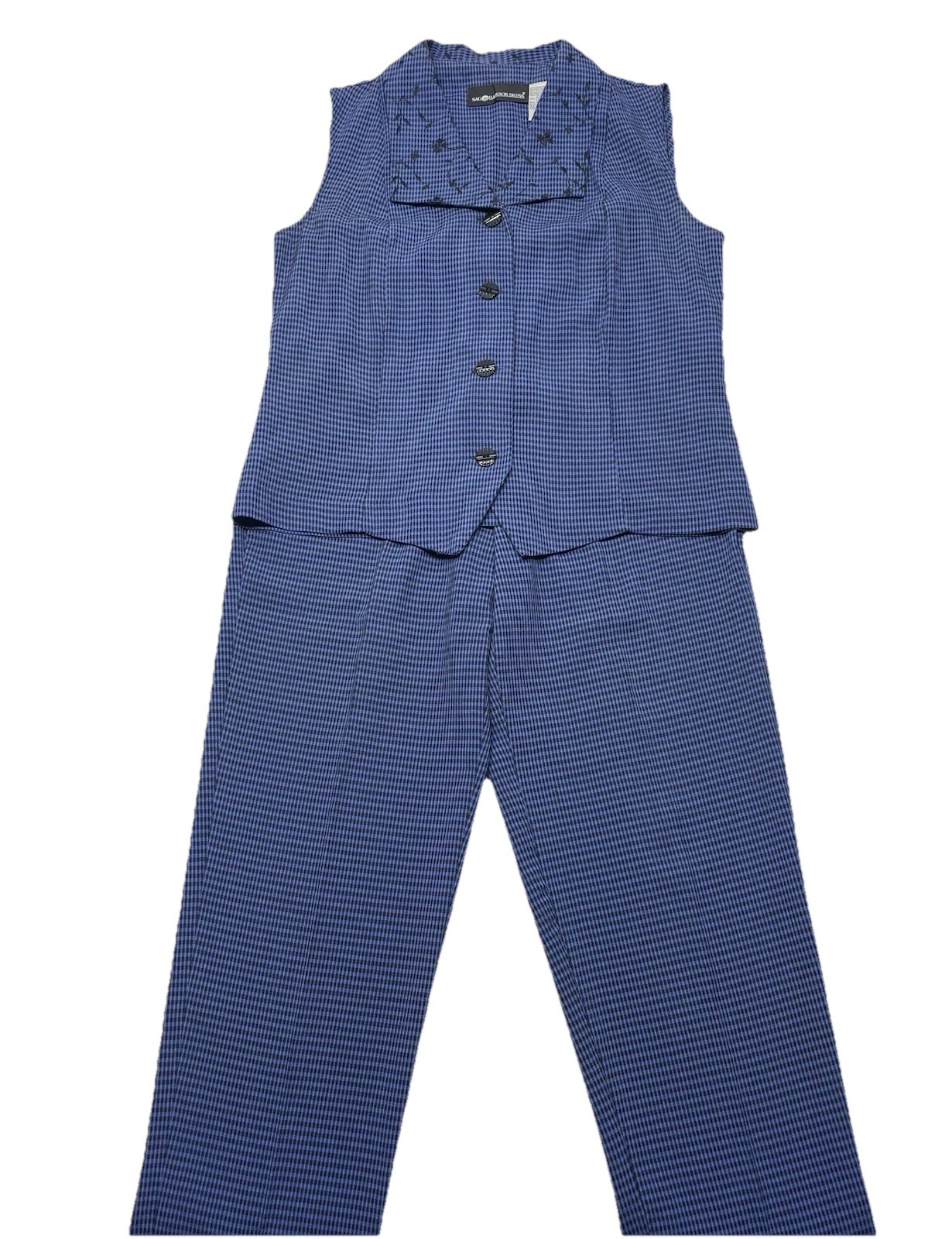 VTG Blue Black Plaid Embroidered Top Pants Matching Set Sz 10 90s Retro Spring