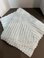Vintage 1956 Hand Made Blue Baby Blanket Hand Knit/Crochet 36  By 36  