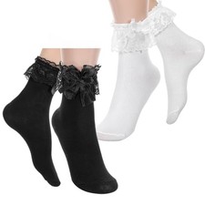 2 Pair Ruffle Socks for Girls, Ankle Frilly Socks Women, Cute Cotton spandex