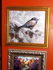 Little Bird in Winter Storm Tree Snow Windy Weather Oil Canvas Painting Signed