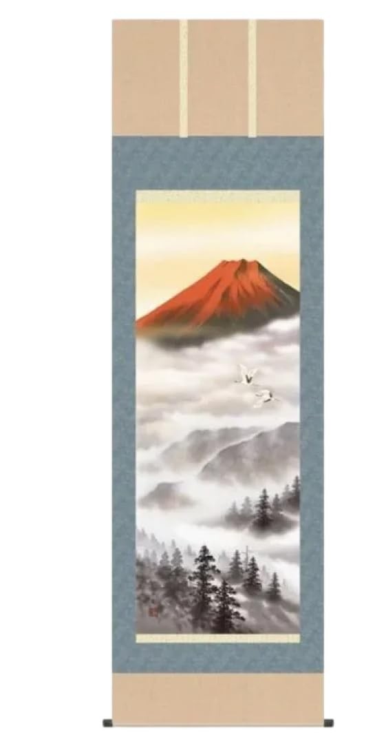 Rollo colgante Fuji rojo japonés Kakejiku arte de pared grande con caja