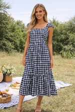 Blueberi Blvd XL Navy White Gingham Embroidered Midi Dress Puff Sleeve Smocked