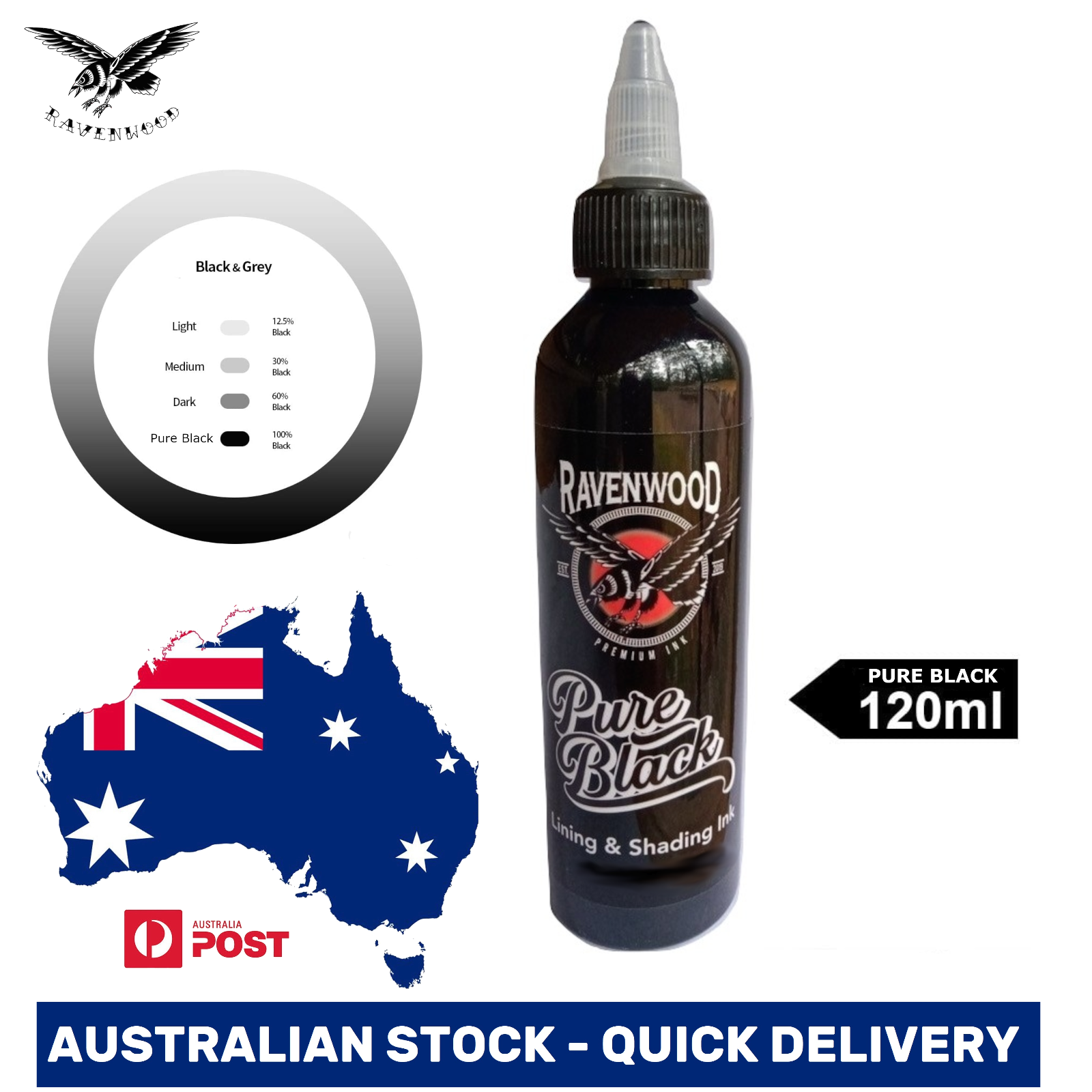 5 PACK RAVENWOOD Tattoo Ink 4 oz 120ml Vegan Tattoo Pure Black Lining