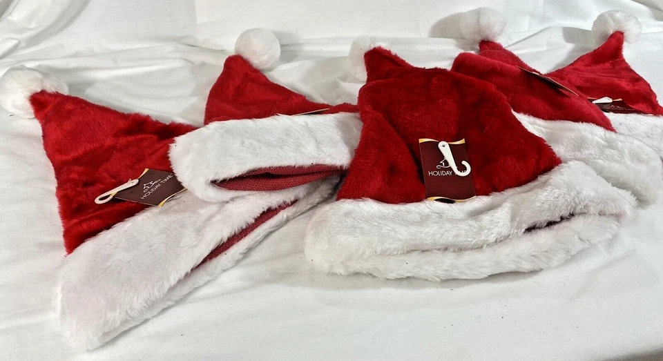 unisex set of 5 large Santa hats red with faux white fur headband pompom - Image 2 of 4