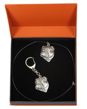 English Bulldog - necklace, keyring, set with a dog in orange box, Art Dog USA