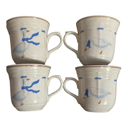 4 Pc Set NEWCOR COUNTRYSIDE Blue Goose Vintage Mug Cottage Farm Cups Thailand