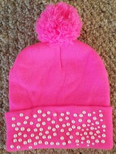 Pink Pom-Pom Girls Knit Beanie with Embellishments