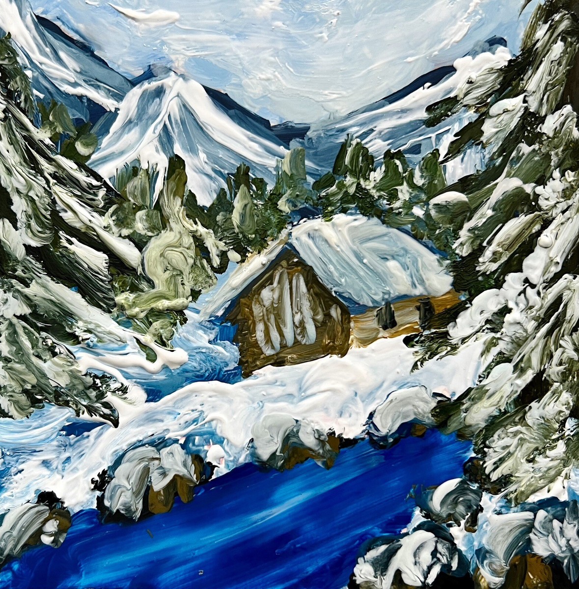 Winter Landscape Oil Painting Snowy Mountain Pine Trees Art