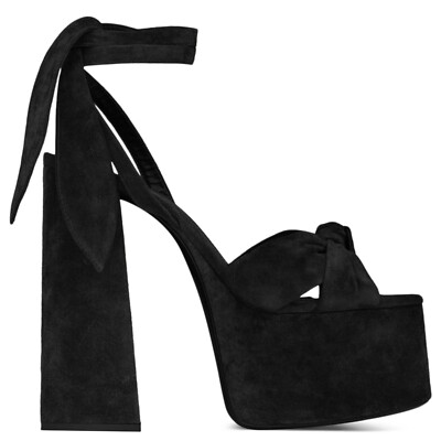 70348 auth SAINT LAURENT black suede PAIGE 145 Platform Sandals Shoes 39 