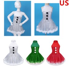 Kids Girls Halter Neck Shiny Sequins Tutu Dress Christmas Snowman Costume