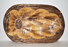 Vintage Floral Motif Artisan Hand Carved Wood wooden Platter Tray Relief Panel