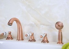 Red Copper Ceramic Handles 5 Hole Install Roman Tub Faucet w/ Side Spray