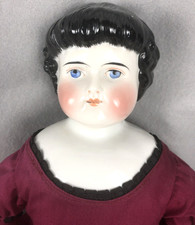 Antique China Head Doll Curly Hairdo with Bangs Stuffed Fabric Body 23 In. Tall