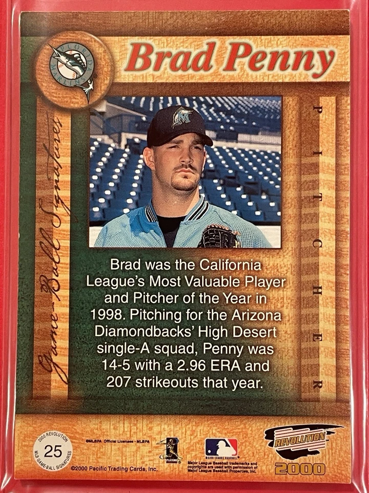 2000 Pacific Revolution Brad Penny MLB Juego Pelota Firmas Automático #25 Béisbol Foto 2 de 2