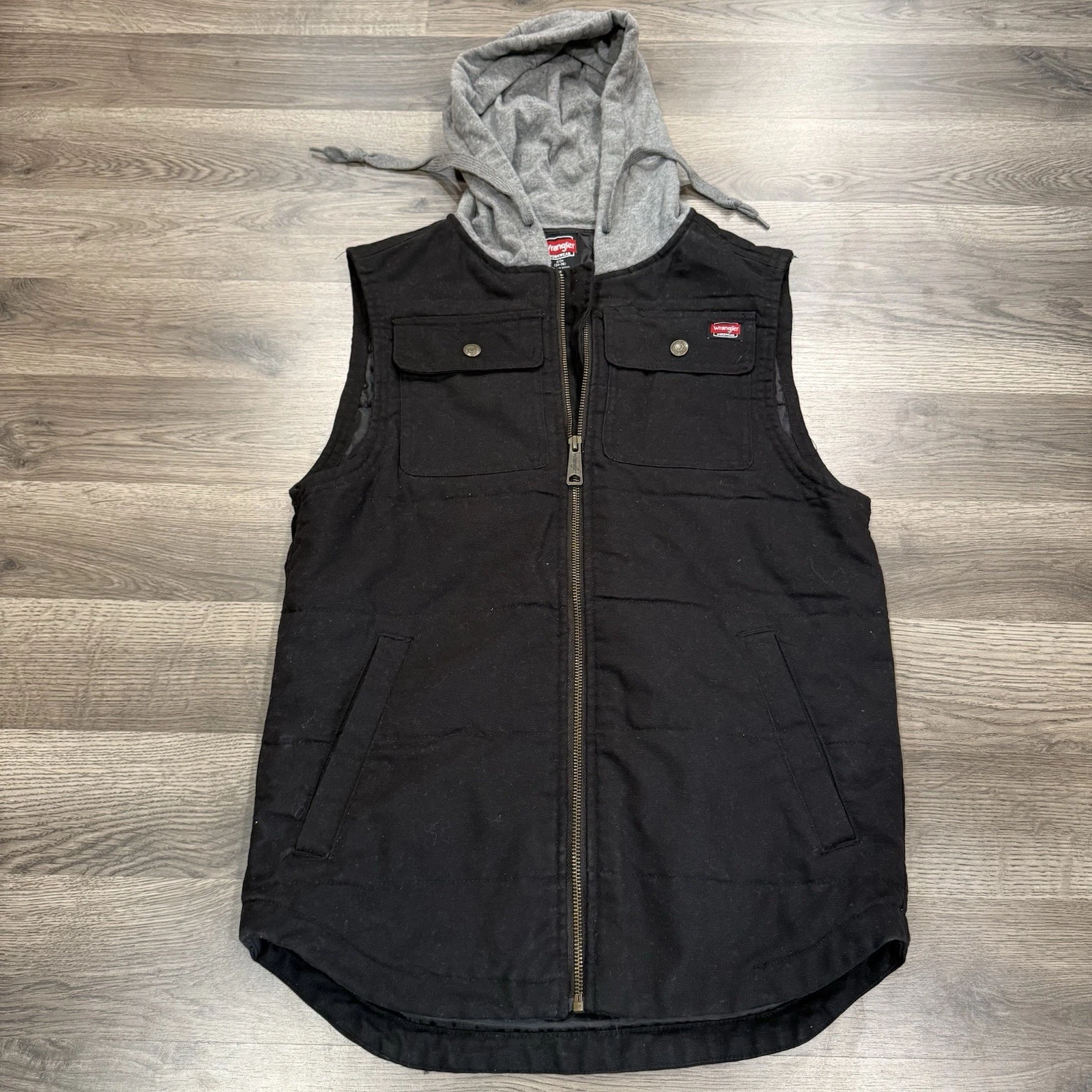 Wrangler Workwear Vest Mens MED Black Hooded Canvas Zip Pockets