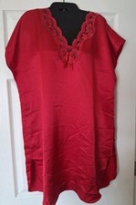 Vintage Satin Sleep Shirt Small/Med Red Shiny Nightie Lace Trim Side Slits