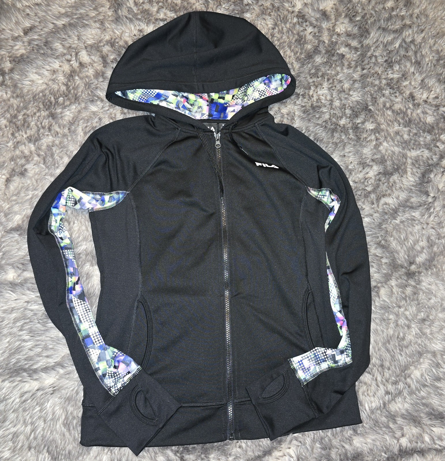 FILA Sport Performance Jacket Full Zip Felpa con Cappuccio Nero Floreale Donna Taglia Media