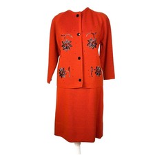 1960s Vintage Beaded Orange Wool Sweater and Skirt Set