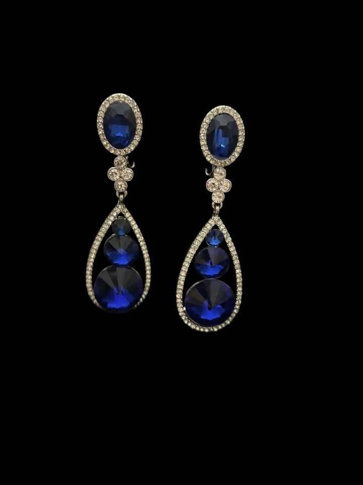 Blue Teardrop Dangle Clip On Earrings