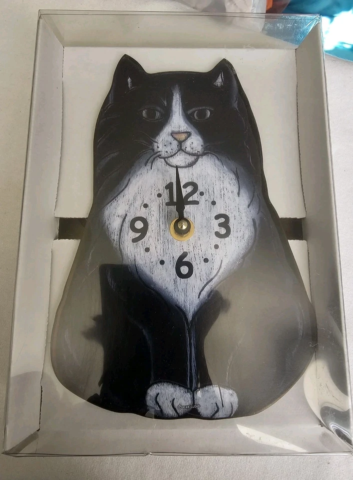 Black Cat Swinging Tail Pink Cloud Gallery Wall Clock Hand Painted Moving - Image 2 of 4