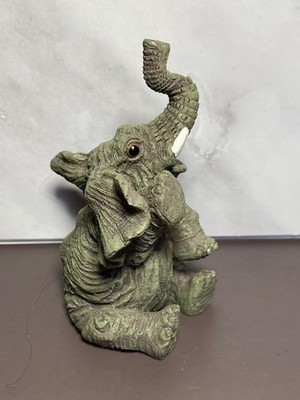 Elephant Figurine Sitting w/ Trunk Up 4'' Resin Gray
