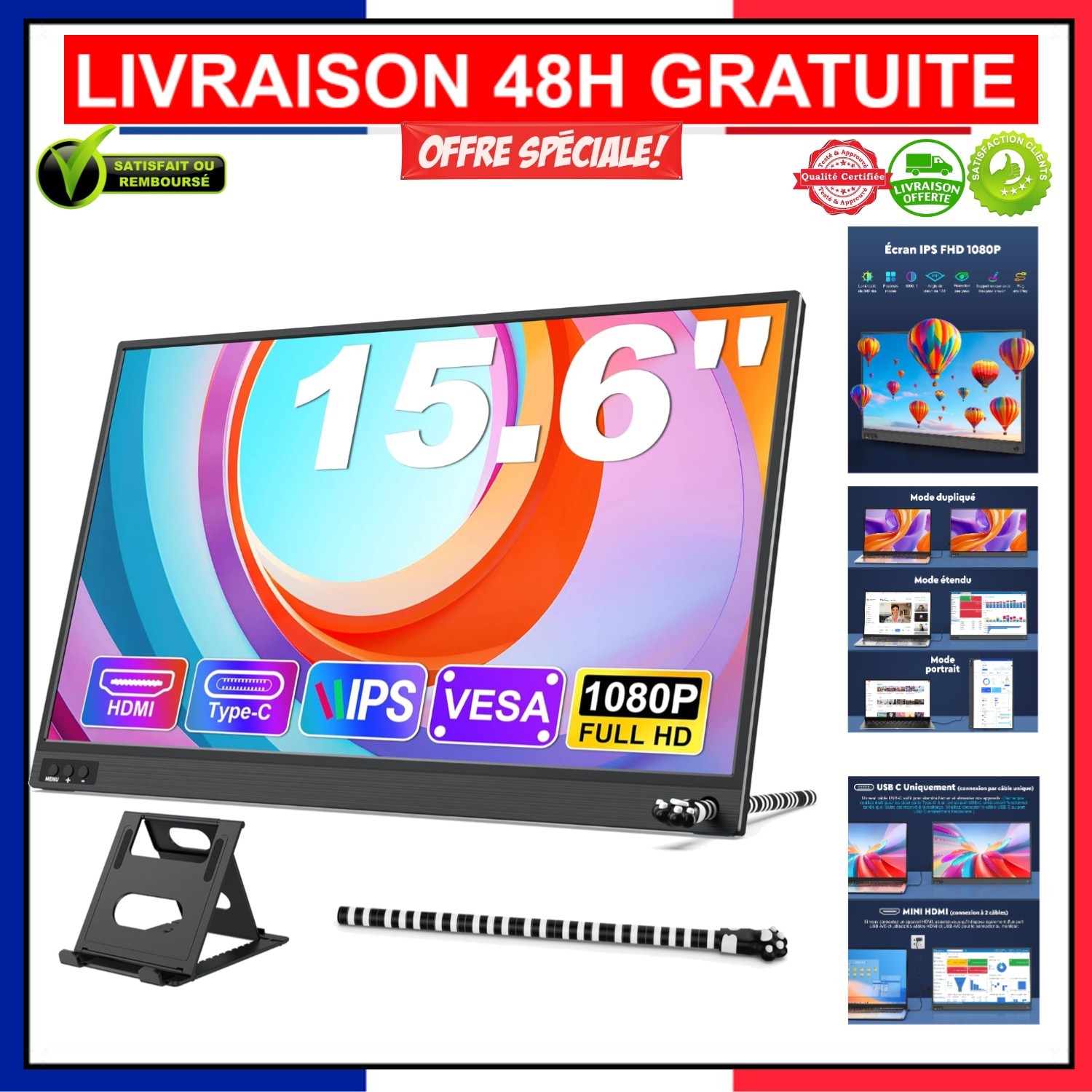 Écran Externe 15,6'' IPS FHD Moniteur Portable Antireflet Noir Connectique USB-C