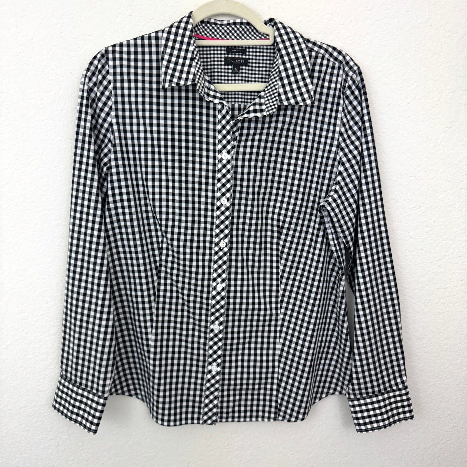 Talbots Womens Button Shirt Top Size 10 No Iron Gingham Plaid Classic Black