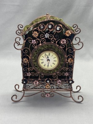 Vintage Victorian Green Velvet Copper Filigree Pearl Gems Clock, Unique Piece